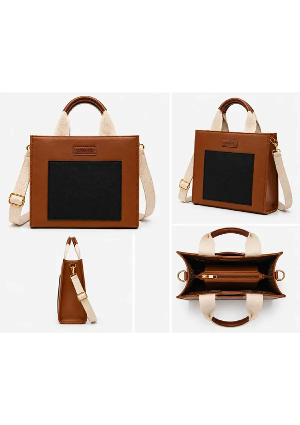 Brown_Black_Canvas_Leather_Two_Tone_Structured_Satchel_Bag_For_Women