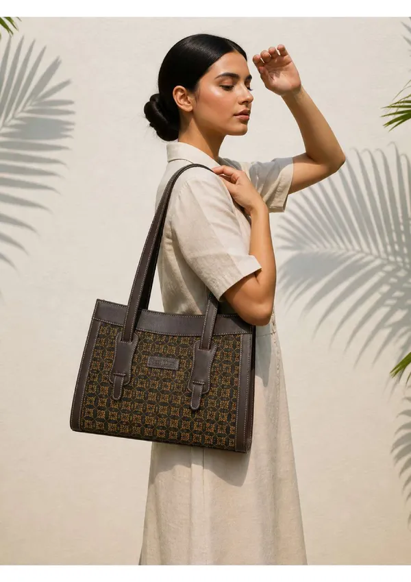 Brown_Woven_Fabric_Faux_Leather_Trim_Structured_Handbag_For_Women