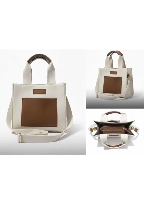 White_Brown_Canvas_Synthetic_Leather_Structured_Handbag_For_Women
