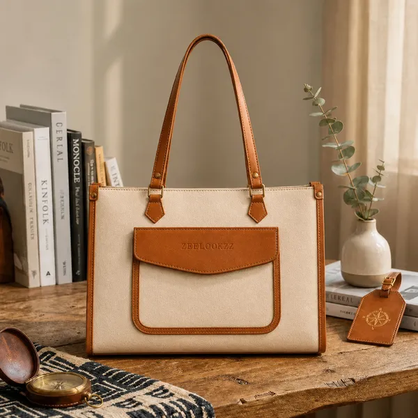 Beige_Canvas_Faux_Leather_Trim_Structured_Tote_Bag_For_Women