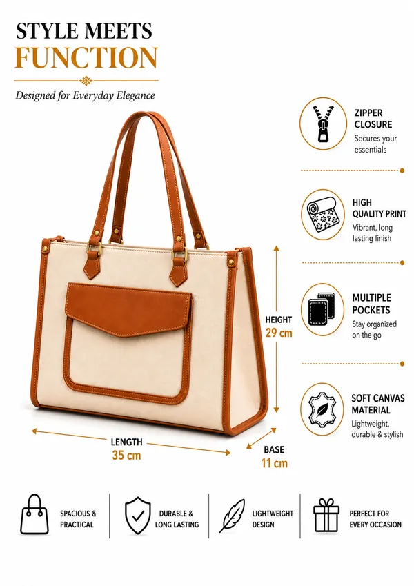 Beige_Canvas_Faux_Leather_Trim_Structured_Tote_Bag_For_Women