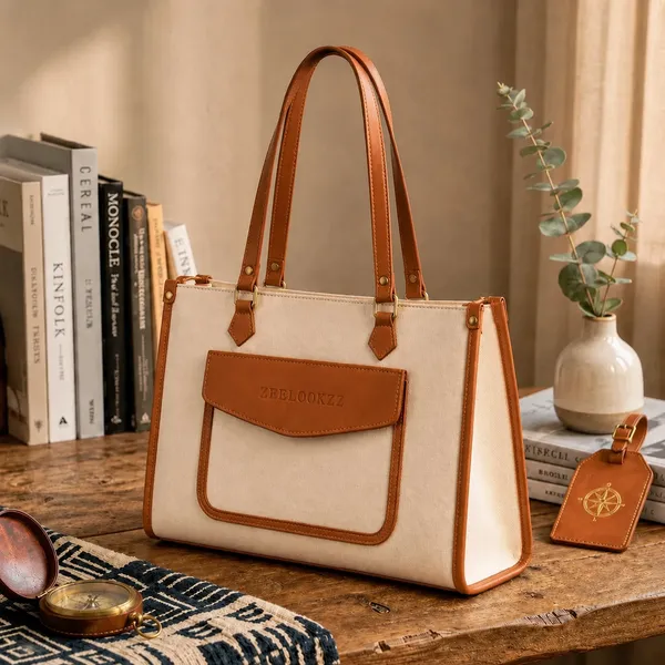 Beige_Canvas_Faux_Leather_Trim_Structured_Tote_Bag_For_Women
