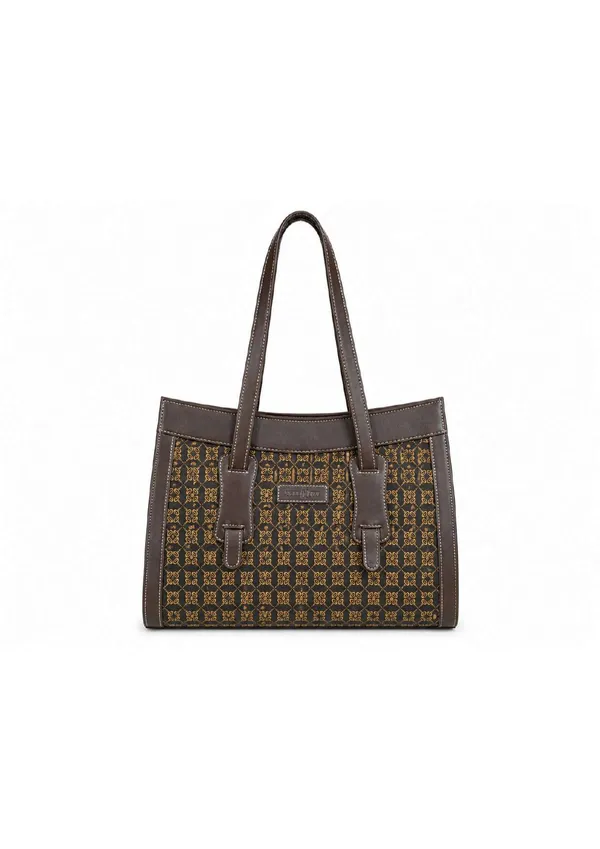 Brown_Woven_Fabric_Faux_Leather_Trim_Structured_Handbag_For_Women