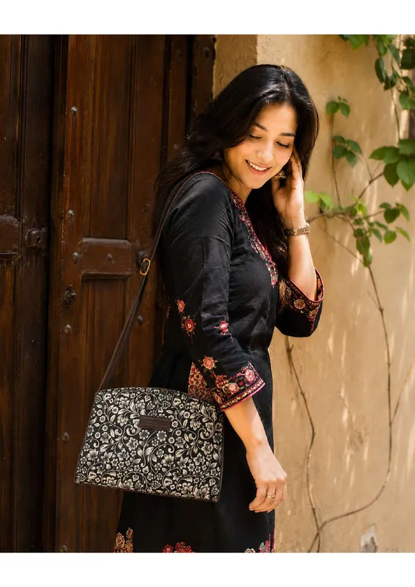 Black_Embroidered_Fabric_Floral_Structured_Handbag_For_Women