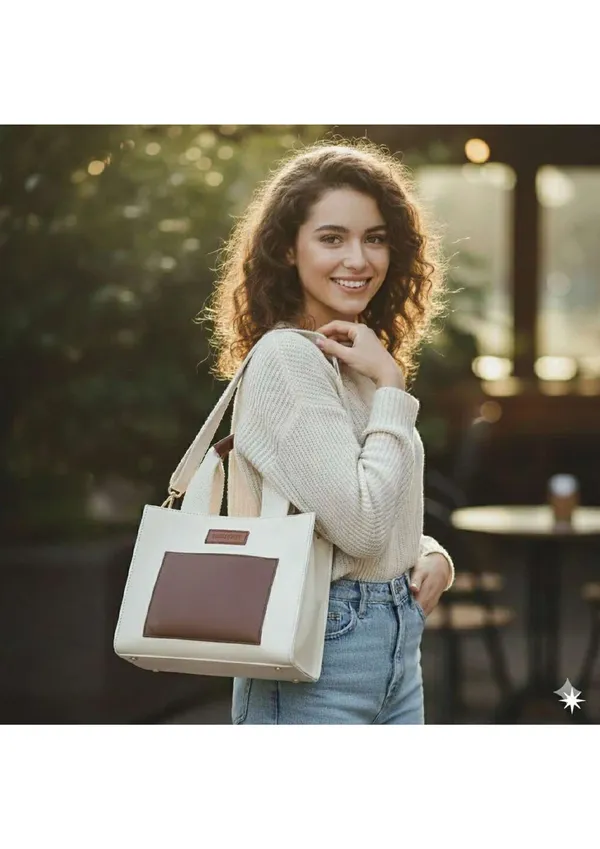White_Brown_Canvas_Synthetic_Leather_Structured_Handbag_For_Women