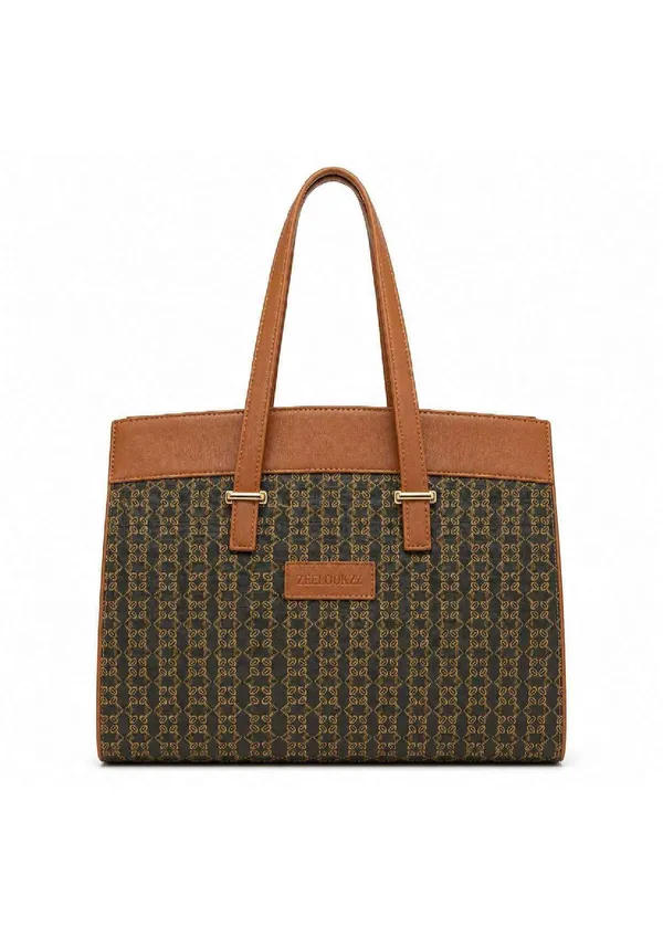 Brown_Tan_Canvas_Monogram_Print_Leather_Trim_Tote_Bag_For_Women