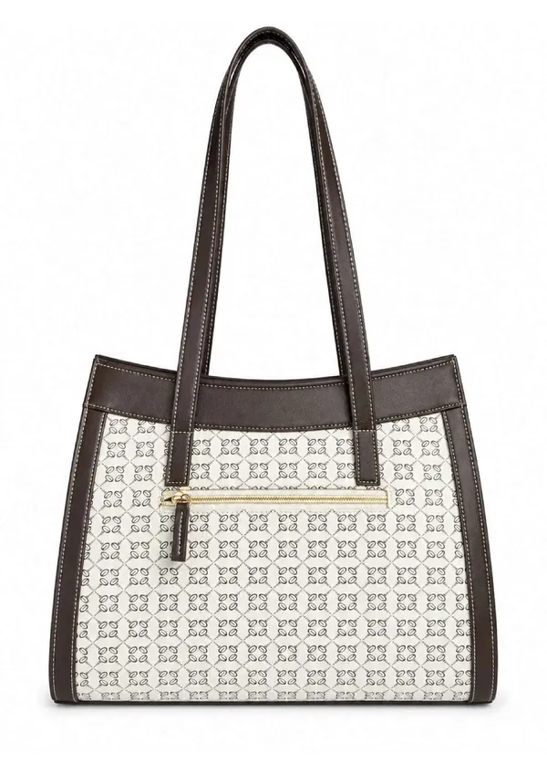 White_And_Brown_Printed_Fabric_Faux_Leather_Trim_Tote_Bag_For_Women