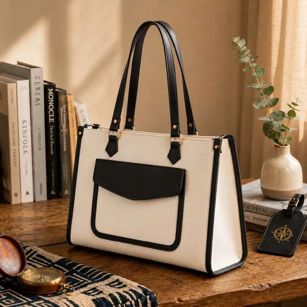 White_Black_Synthetic_Two_Tone_Structured_Tote_Bag_For_Women