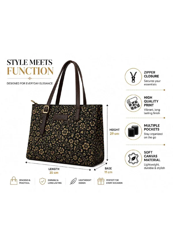 Black_Gold_Floral_Print_Canvas_Structured_Tote_Bag_For_Women
