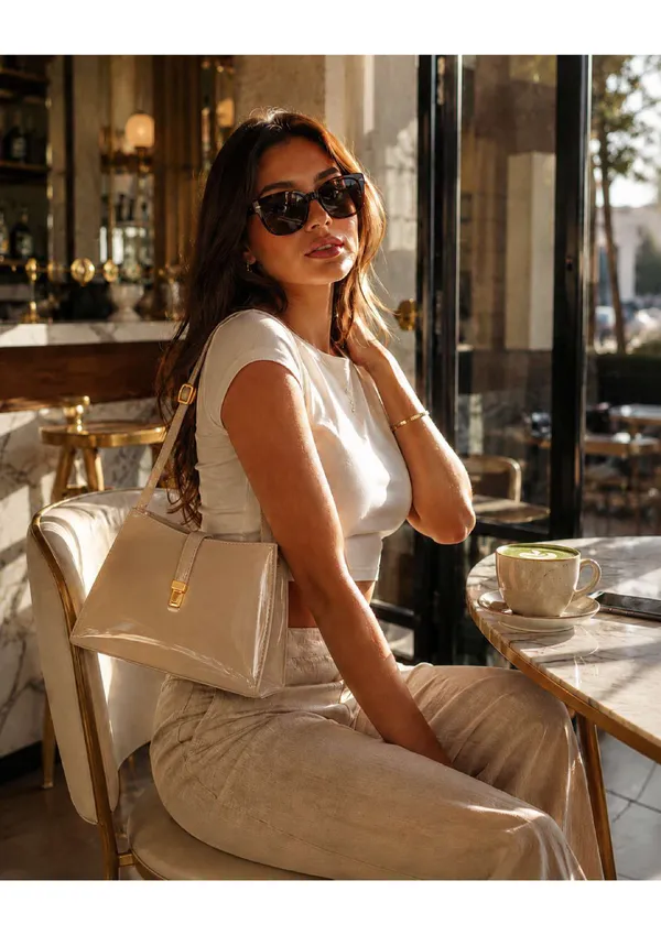 Beige_Patent_Leather_Structured_Shoulder_Bag_For_Women