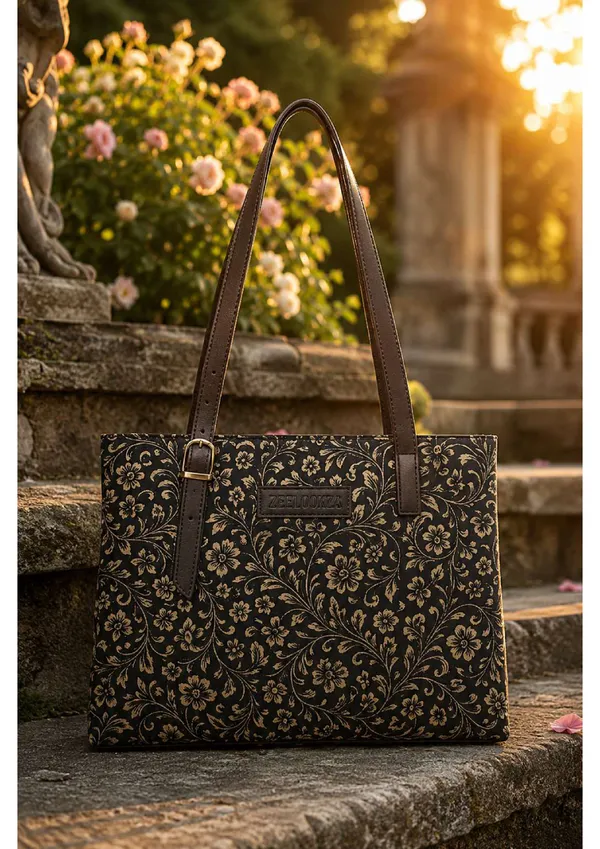 Black_Gold_Floral_Print_Canvas_Structured_Tote_Bag_For_Women
