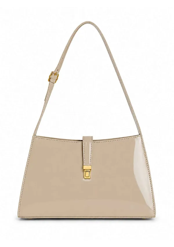Beige_Patent_Leather_Structured_Shoulder_Bag_For_Women