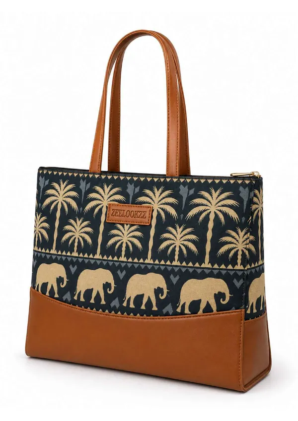 Teal_Canvas_Elephant_Motif_Print_Leather_Handle_Tote_Bag_For_Women