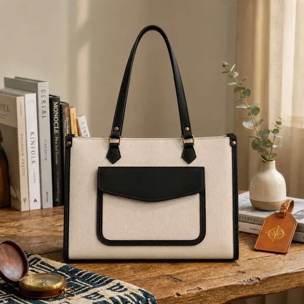 White_Black_Synthetic_Two_Tone_Structured_Tote_Bag_For_Women