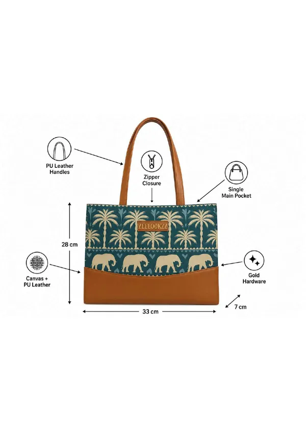 Teal_Canvas_Elephant_Motif_Print_Leather_Handle_Tote_Bag_For_Women