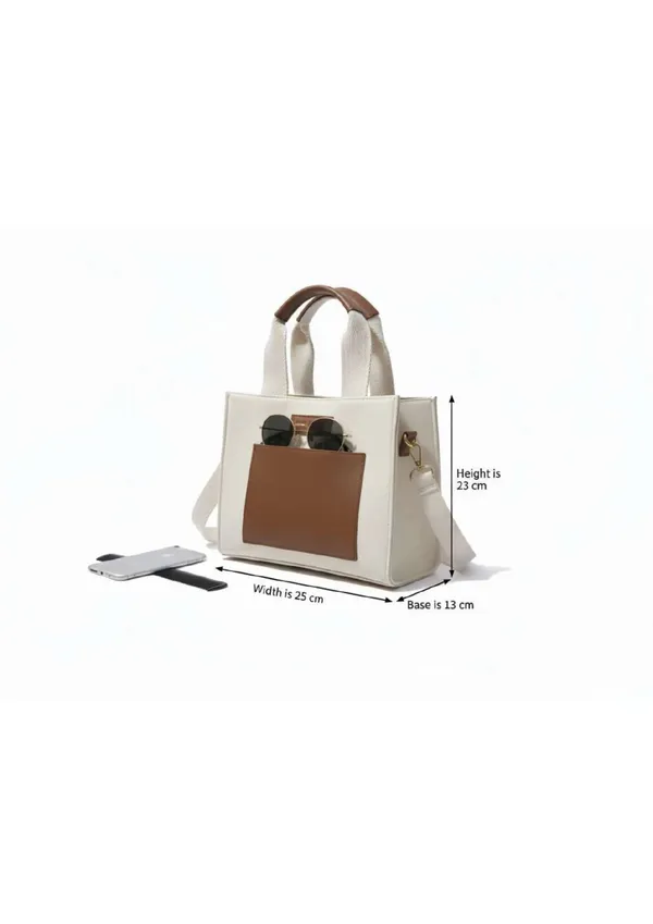 White_Brown_Canvas_Synthetic_Leather_Structured_Handbag_For_Women