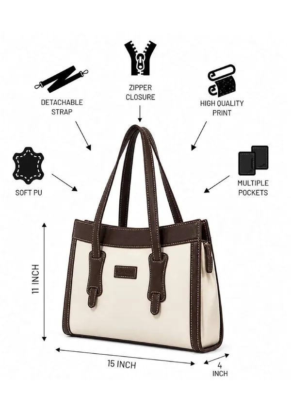 White_Brown_Synthetic_Leather_Structured_Handbag_For_Women
