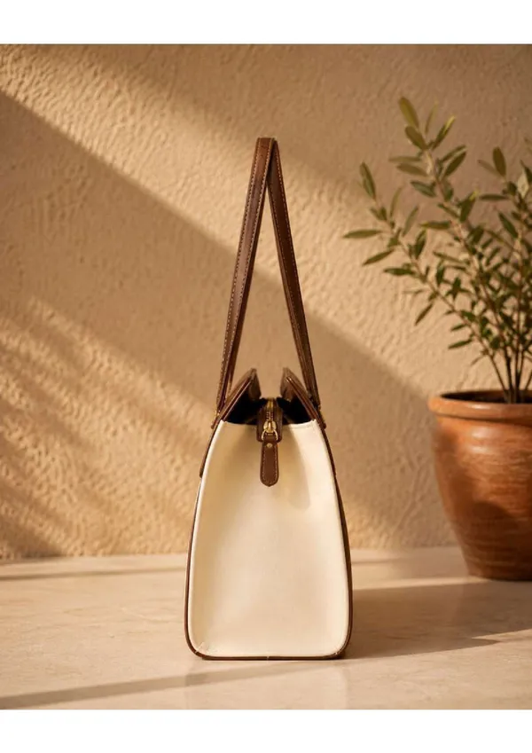 Beige_Brown_Vegan_Leather_Structured_Tote_Bag_For_Women