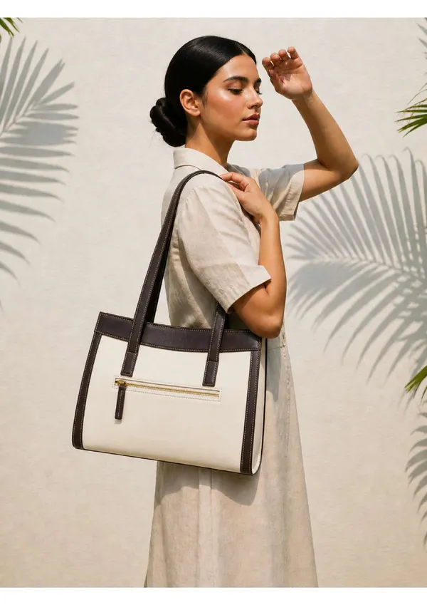 White_Brown_Synthetic_Leather_Structured_Handbag_For_Women