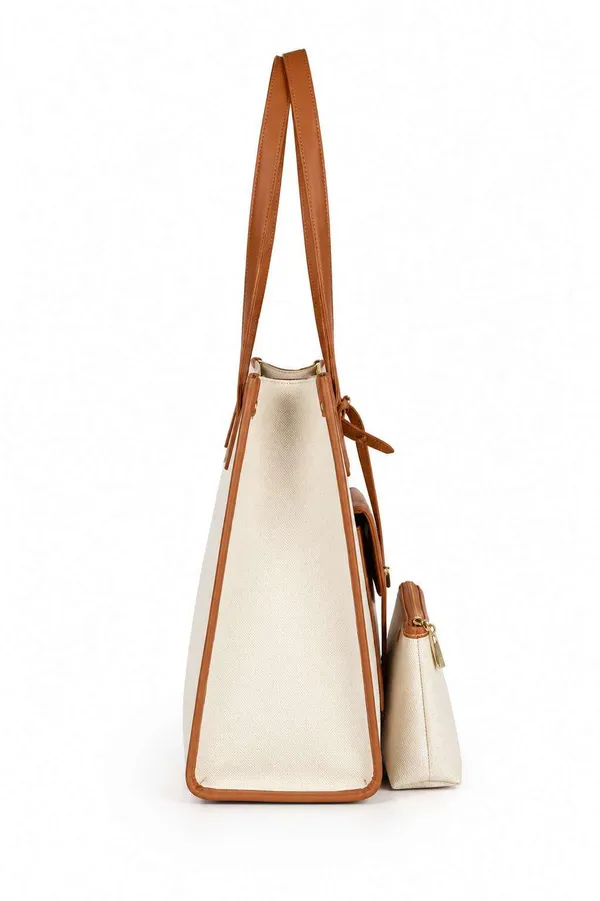 Beige_Canvas_Faux_Leather_Trim_Structured_Tote_Bag_For_Women