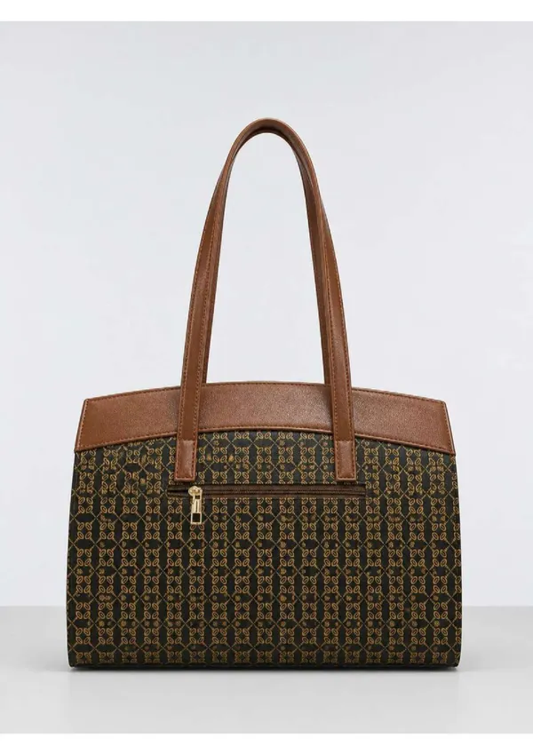 Brown_Tan_Canvas_Monogram_Print_Leather_Trim_Tote_Bag_For_Women