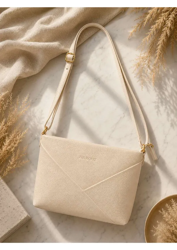 Cream_Textured_Faux_Leather_Envelope_Crossbody_Bag_For_Women