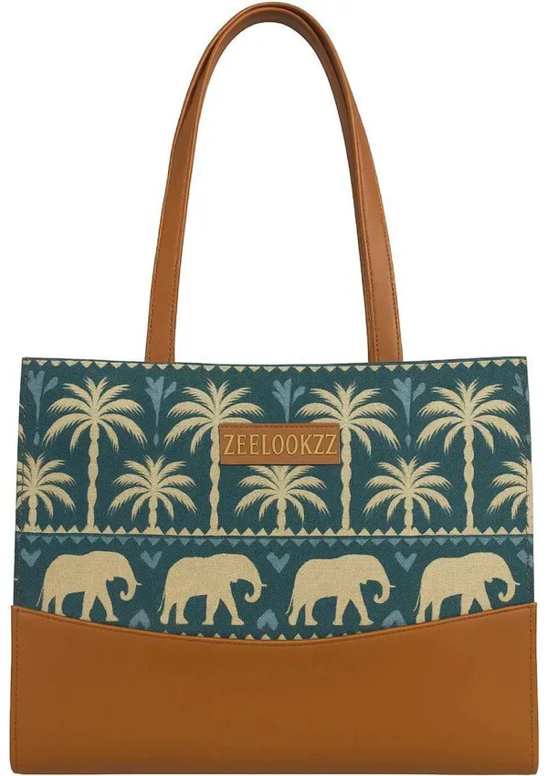Teal_Canvas_Elephant_Motif_Print_Leather_Handle_Tote_Bag_For_Women