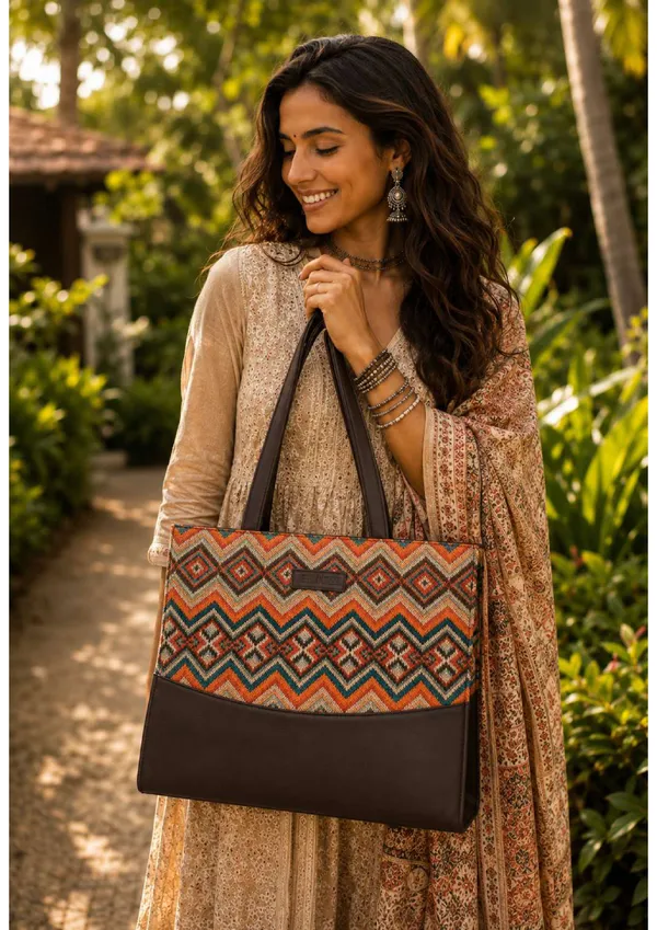 Multicolor_Canvas_Geometric_Print_Pu_Leather_Trim_Tote_Bag_For_Women