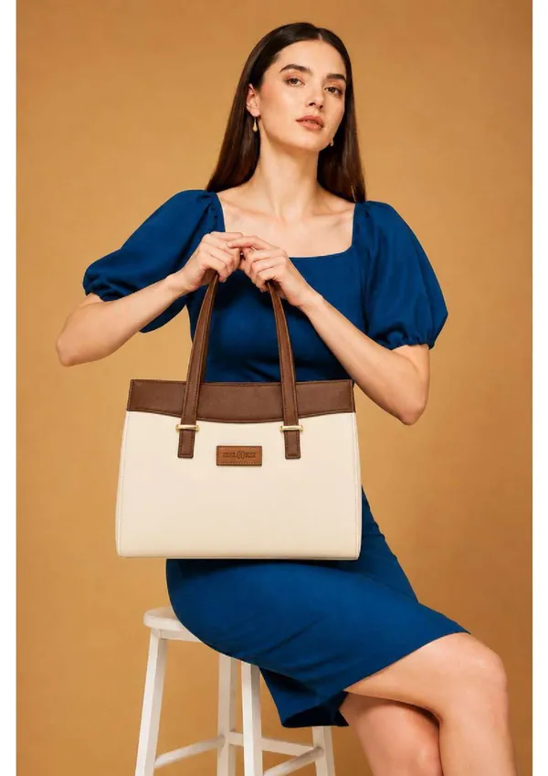 Beige_Brown_Vegan_Leather_Structured_Tote_Bag_For_Women