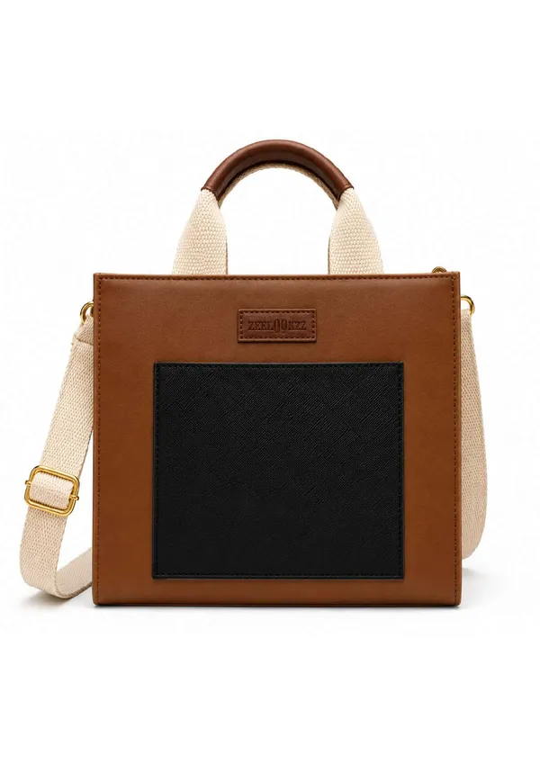 Brown_Black_Canvas_Leather_Two_Tone_Structured_Satchel_Bag_For_Women