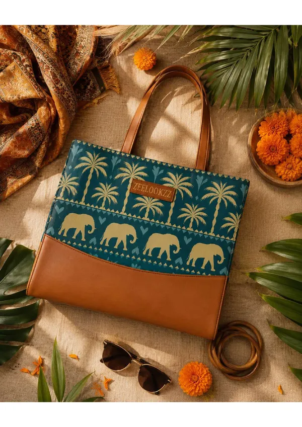 Teal_Canvas_Elephant_Motif_Print_Leather_Handle_Tote_Bag_For_Women