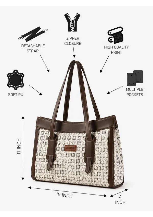 White_And_Brown_Printed_Fabric_Faux_Leather_Trim_Tote_Bag_For_Women