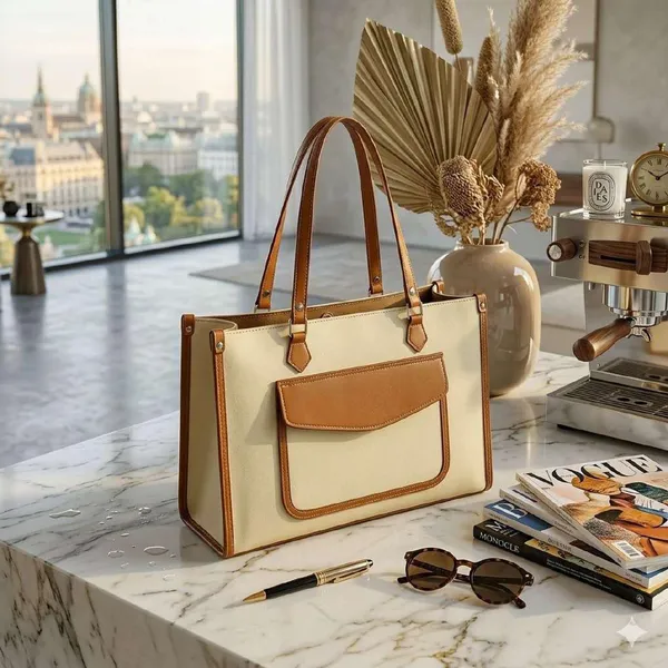 Beige_Canvas_Faux_Leather_Trim_Structured_Tote_Bag_For_Women