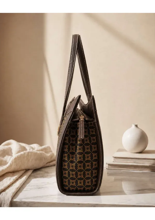 Brown_Woven_Fabric_Faux_Leather_Trim_Structured_Handbag_For_Women