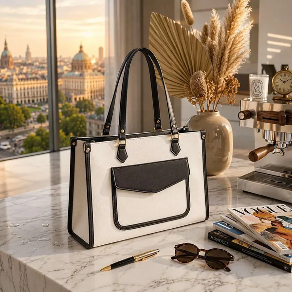 White_Black_Synthetic_Two_Tone_Structured_Tote_Bag_For_Women
