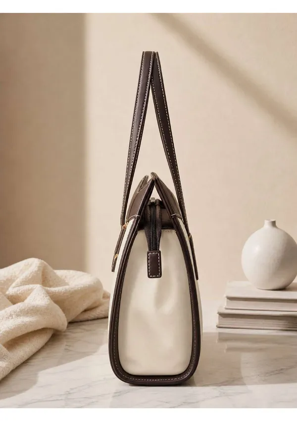 White_And_Brown_Printed_Fabric_Faux_Leather_Trim_Tote_Bag_For_Women