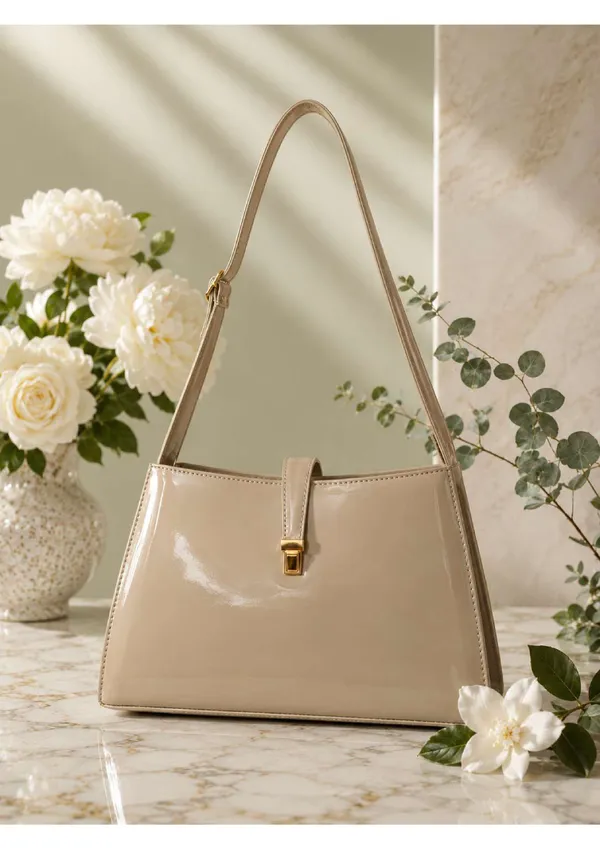 Beige_Patent_Leather_Structured_Shoulder_Bag_For_Women