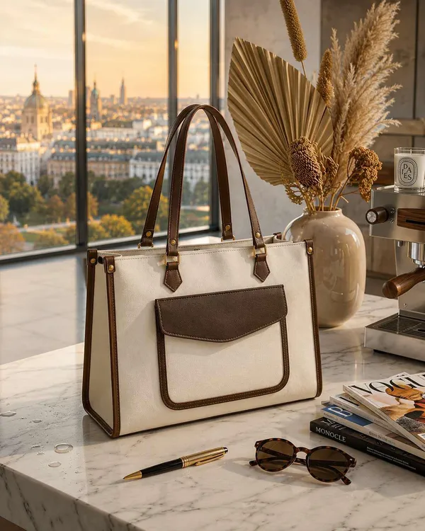 White_Brown_Faux_Leather_Two_Tone_Structured_Tote_Bag_For_Women