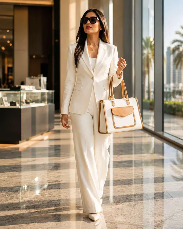 Beige_Canvas_Faux_Leather_Trim_Structured_Tote_Bag_For_Women