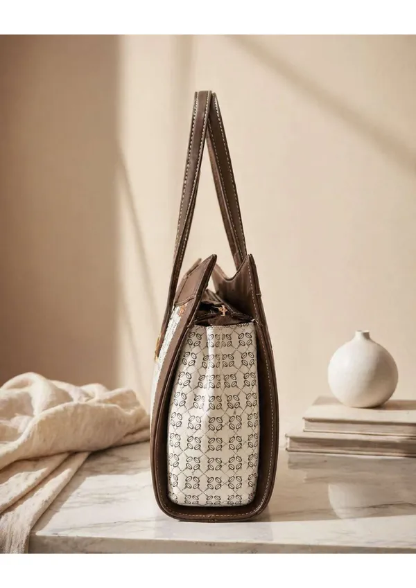 White_And_Brown_Printed_Fabric_Faux_Leather_Trim_Tote_Bag_For_Women