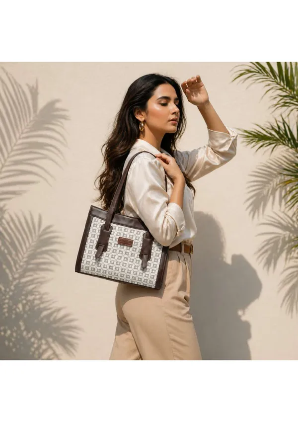 White_And_Brown_Printed_Fabric_Faux_Leather_Trim_Tote_Bag_For_Women