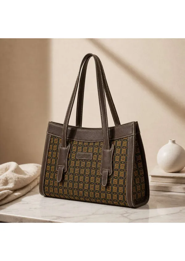 Brown_Woven_Fabric_Faux_Leather_Trim_Structured_Handbag_For_Women