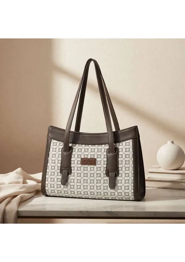 White_And_Brown_Printed_Fabric_Faux_Leather_Trim_Tote_Bag_For_Women