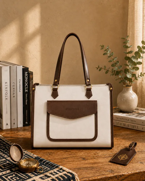 White_Brown_Faux_Leather_Two_Tone_Structured_Tote_Bag_For_Women