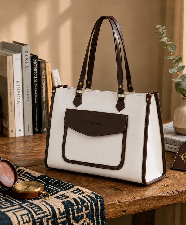 White_Brown_Faux_Leather_Two_Tone_Structured_Tote_Bag_For_Women