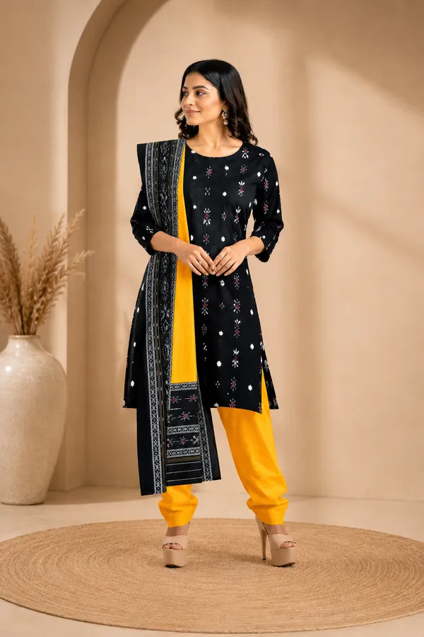 Multicolor_Pure_Cotton_Sambalpuri_Handloom_Dress_Material_With_Dupatta_Bottom_Wear_3_Piece_Set