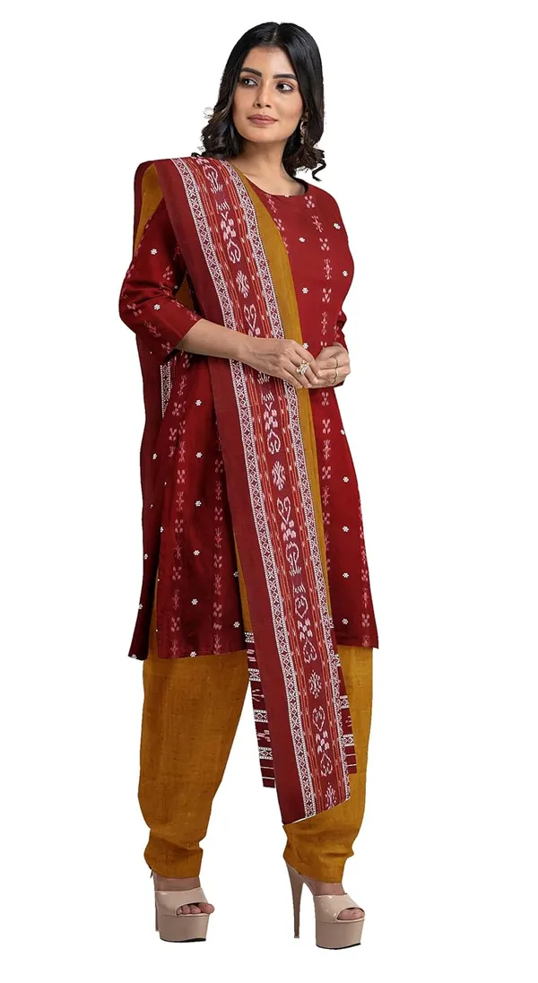 Multicolor_Pure_Cotton_Sambalpuri_Handloom_Dress_Material_With_Dupatta_Bottom_Wear_3_Piece_Set
