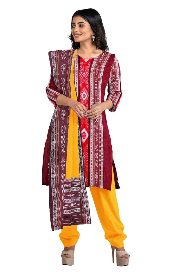 Multicolor_Pure_Cotton_Sambalpuri_Handloom_Dress_Material_With_Dupatta_Bottom_Wear_3_Piece_Set