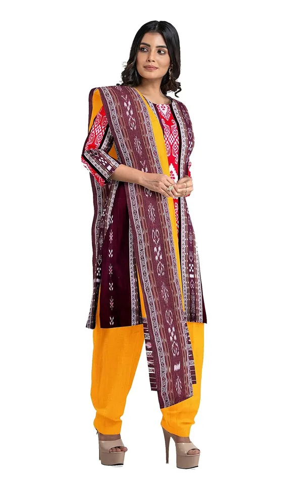 Multicolor_Pure_Cotton_Sambalpuri_Handloom_Dress_Material_With_Dupatta_Bottom_Wear_3_Piece_Set