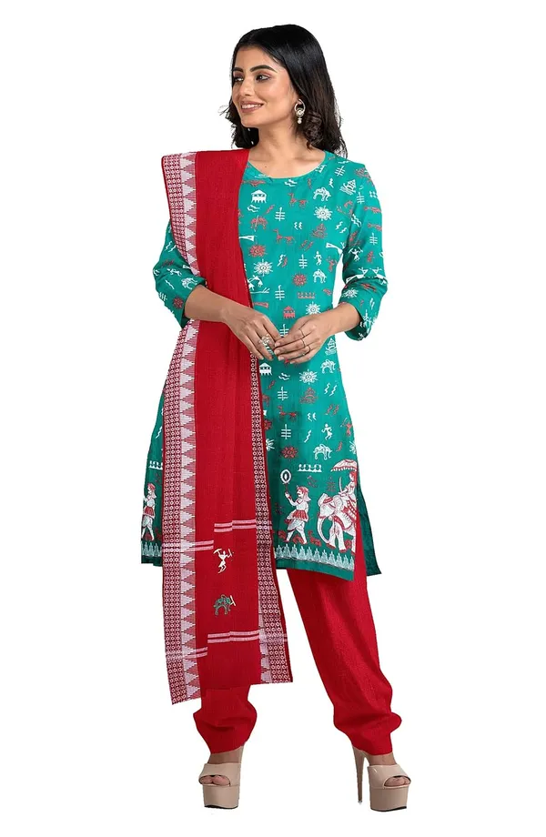 Multicolor_Pure_Cotton_Sambalpuri_Handloom_Dress_Material_With_Dupatta_Bottom_Wear_3_Piece_Set